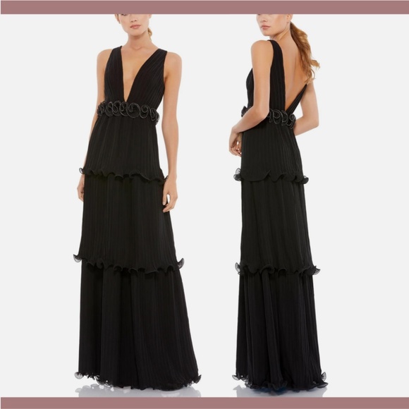 NWT $398 IEENA Mac Duggal [ 4 ] Rosette Ruffle Layered Rosette Dress Gown Black‎ - Picture 2 of 14
